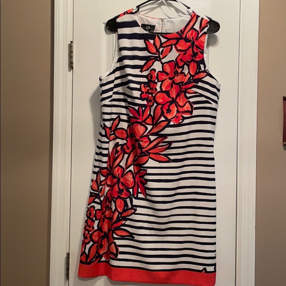 AGB Navy & White Striped Midi Dress with Red Floral Print